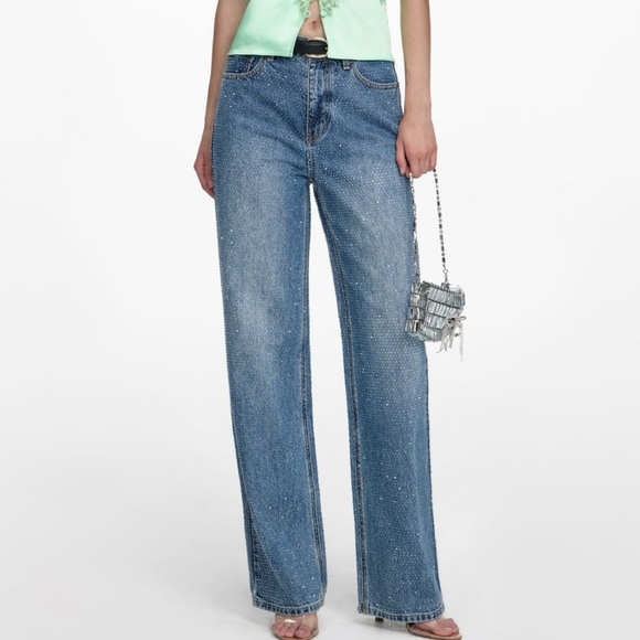 Self-Portrait Rhinestone Denim Straight Leg Jeans